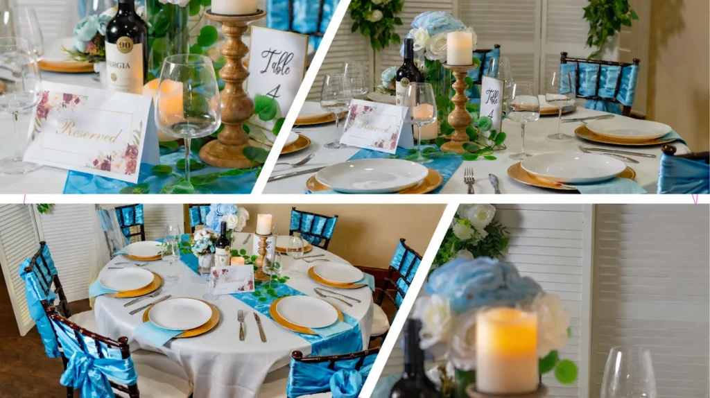 Elegant table decor setup at The Glitz Plano with blue table runner, candles, floral centerpiece, and guest place settings