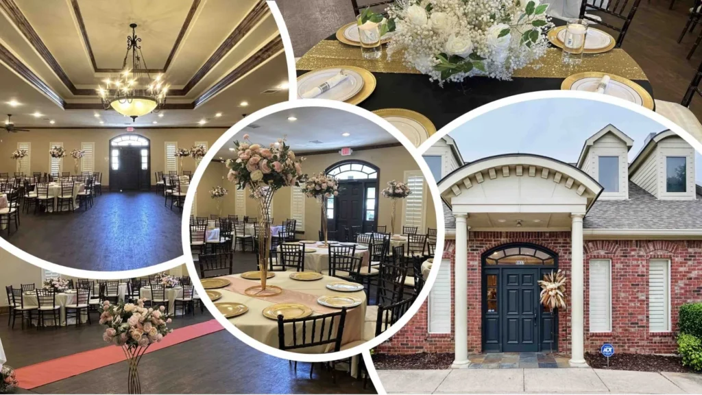The Glitz Plano event hall setup with guest tables, chairs, chandelier, and open event space in Plano TX