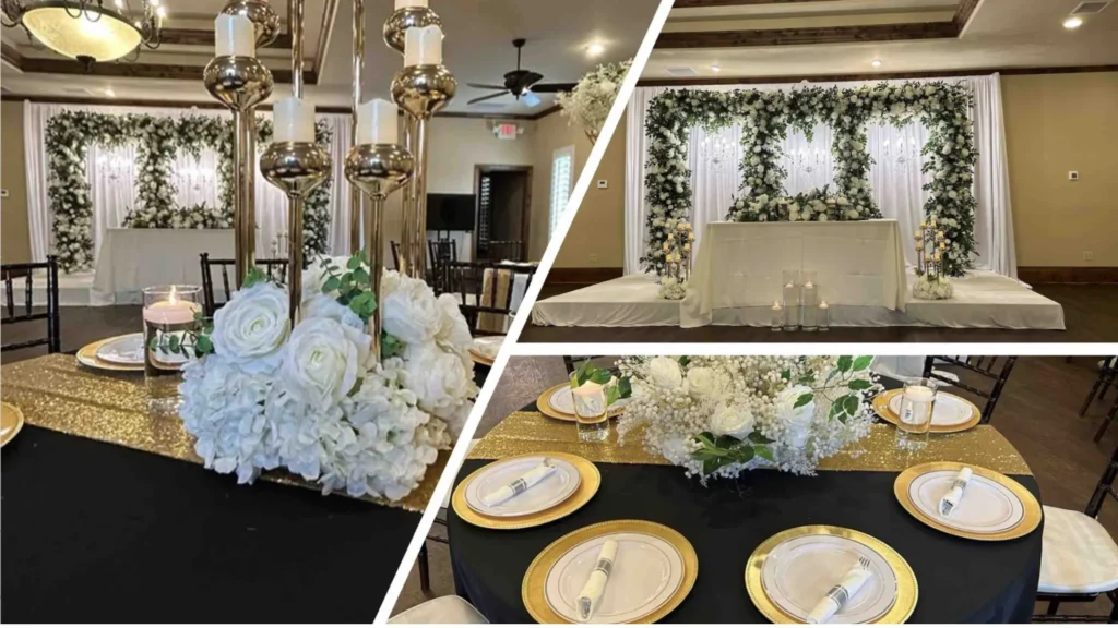 Event decor package setup at The Glitz Plano with floral stage backdrop, guest table decor, and elegant venue styling